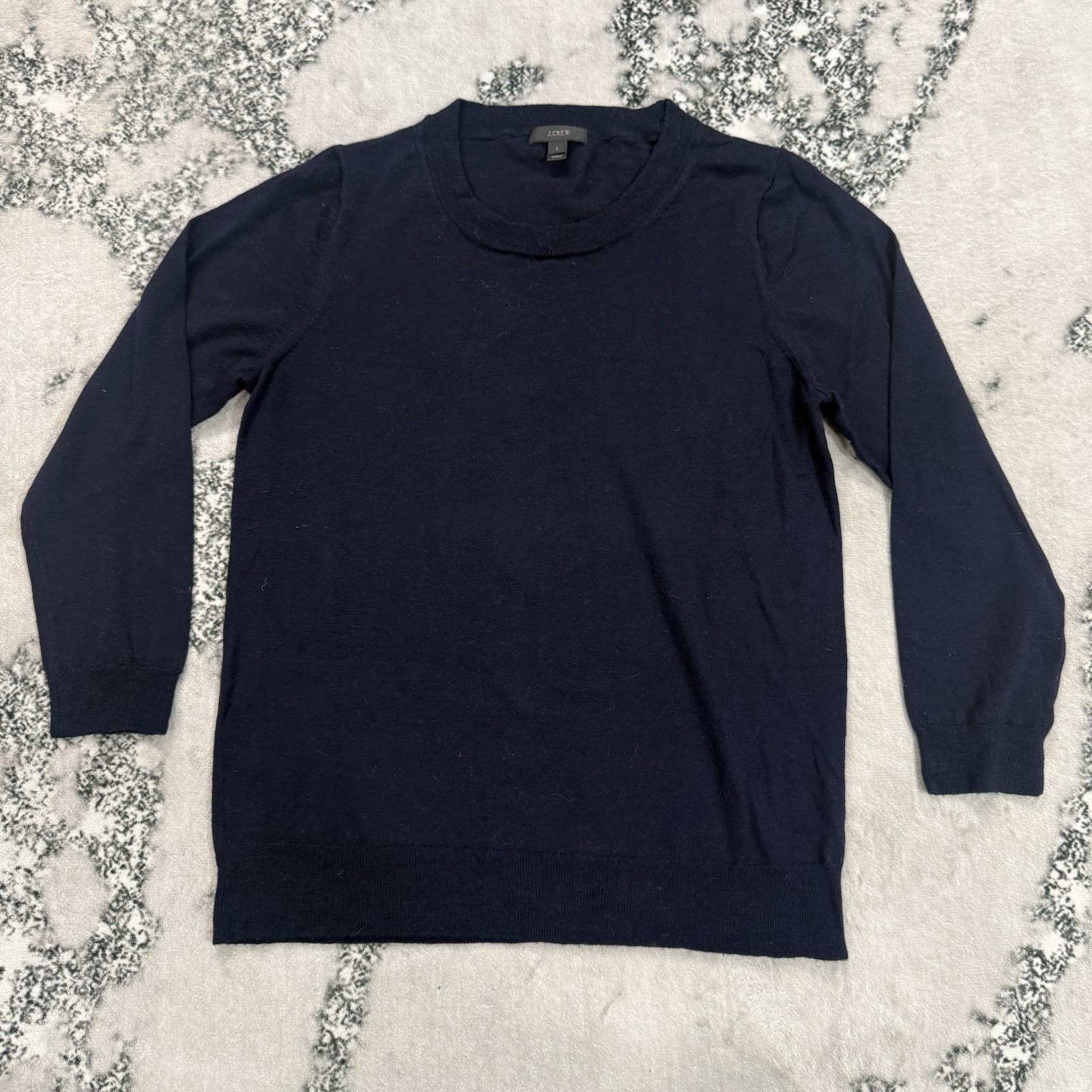 J Crew Womens L 100% Merino Wool Navy Blue Crewneck Sweater Pullover Lightweight